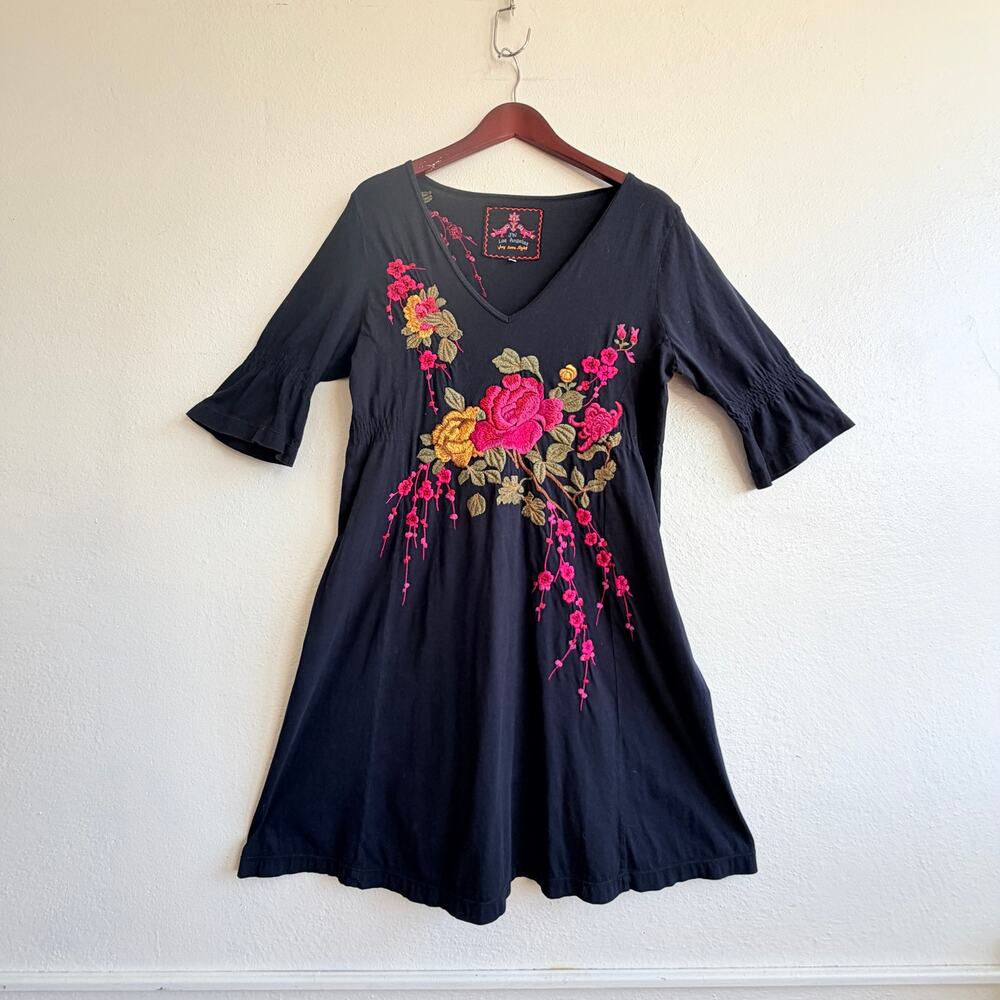 Johnny Was Dress Floral Roses Embroidered on Black Background Dress Womens Small